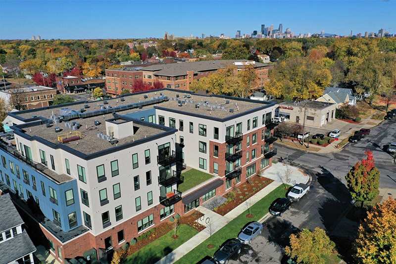 an arial shot of the building