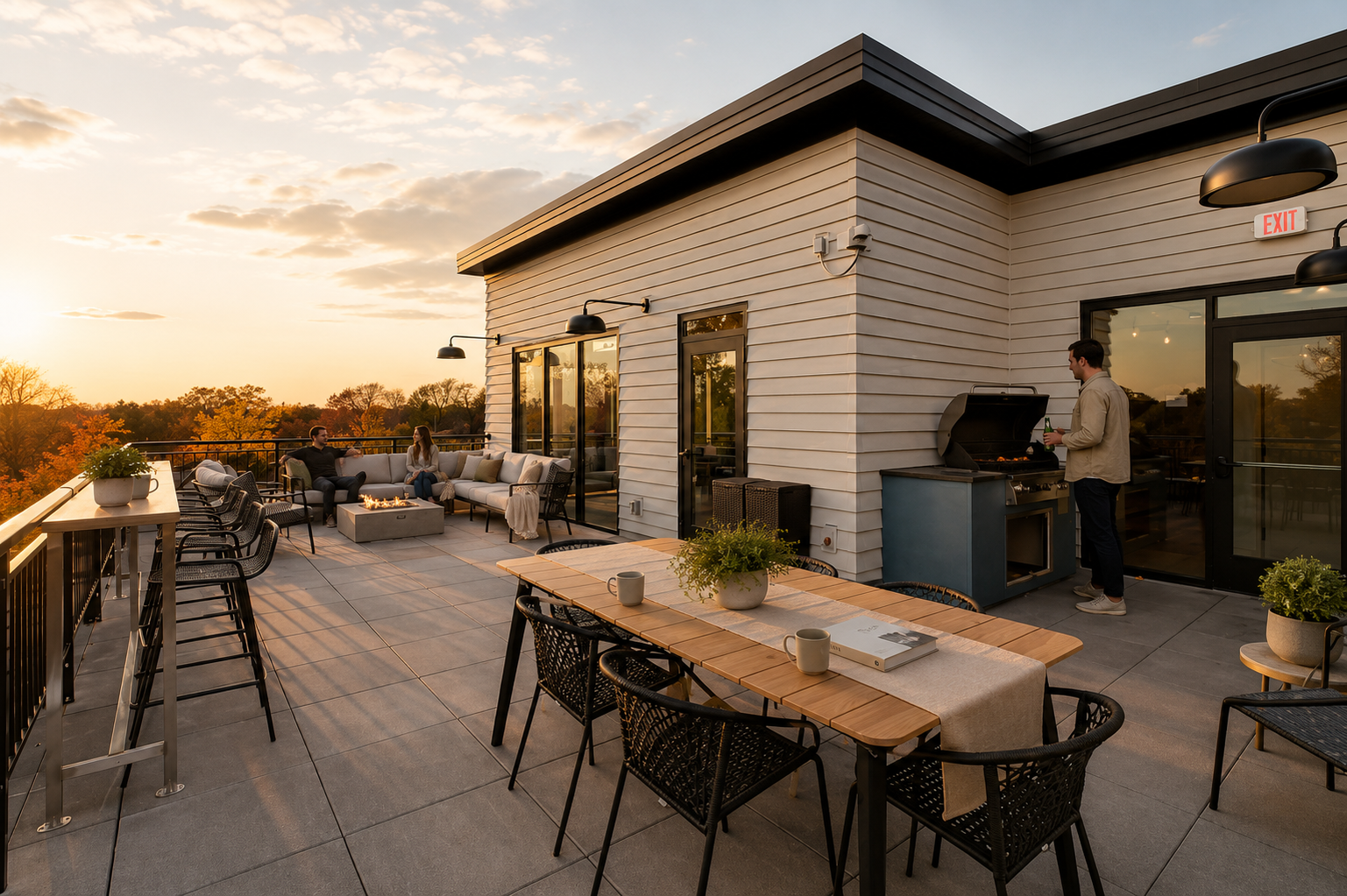 the community balcony with seating and a grill