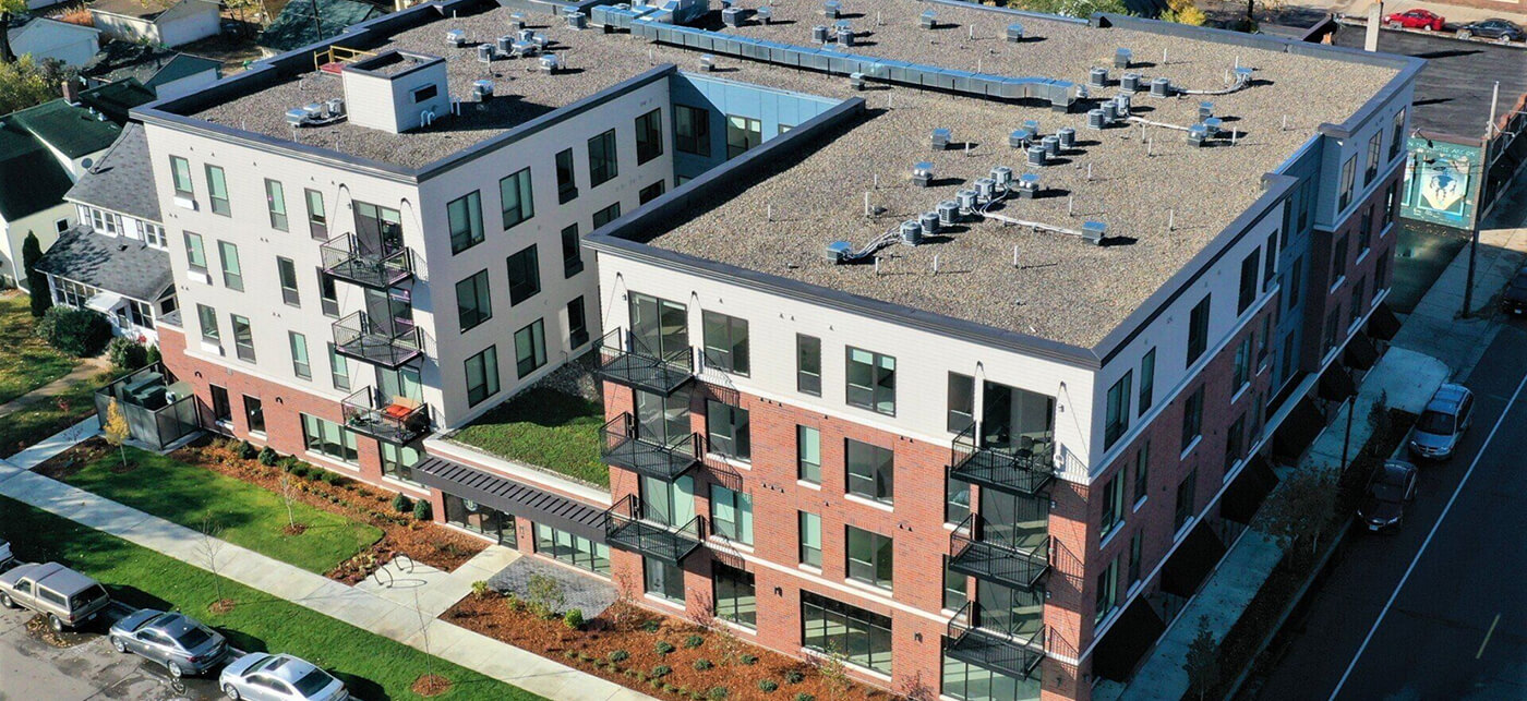 an arial shot of the building