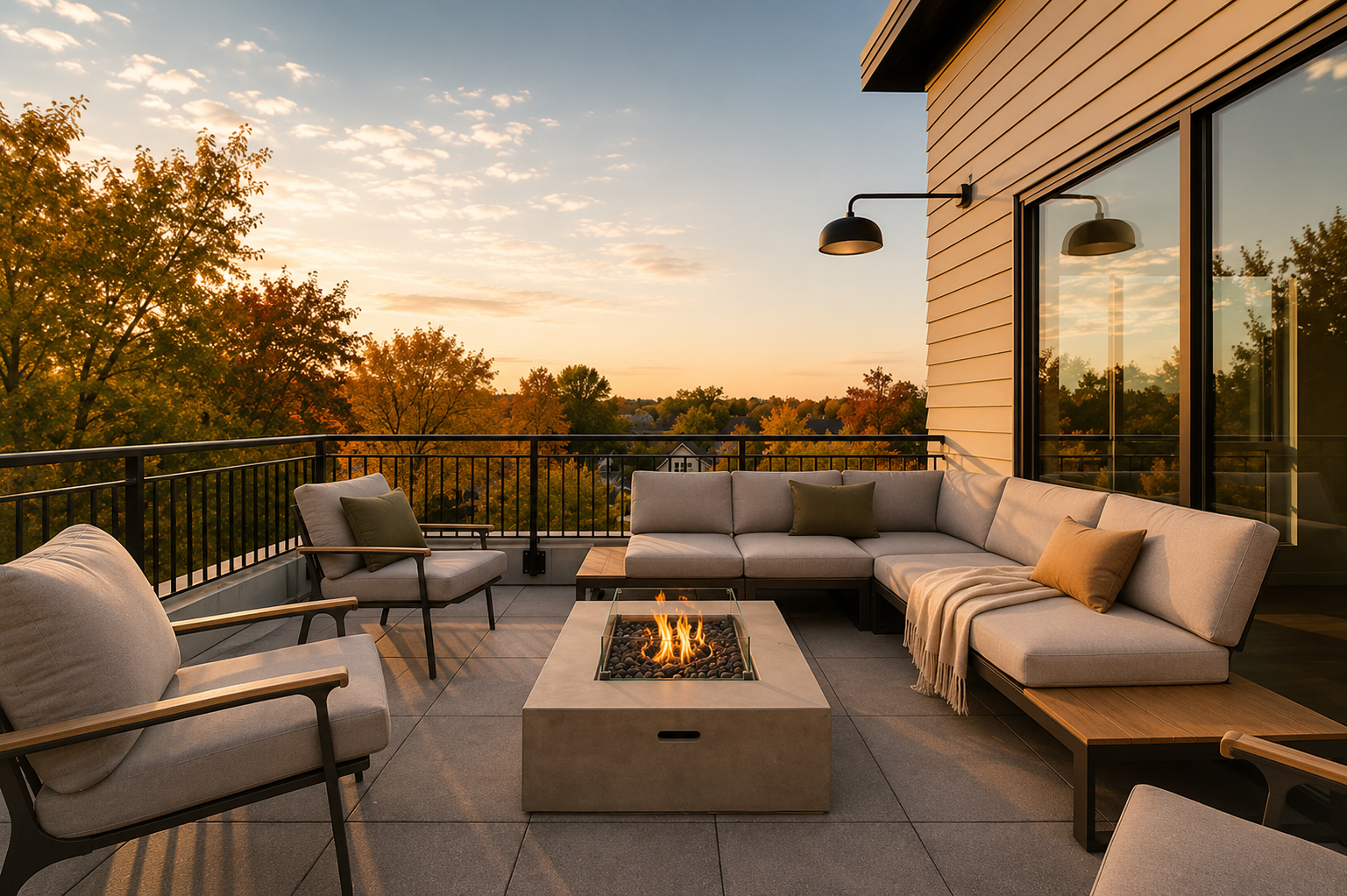 the community balcony with a firepit and a lot of seating