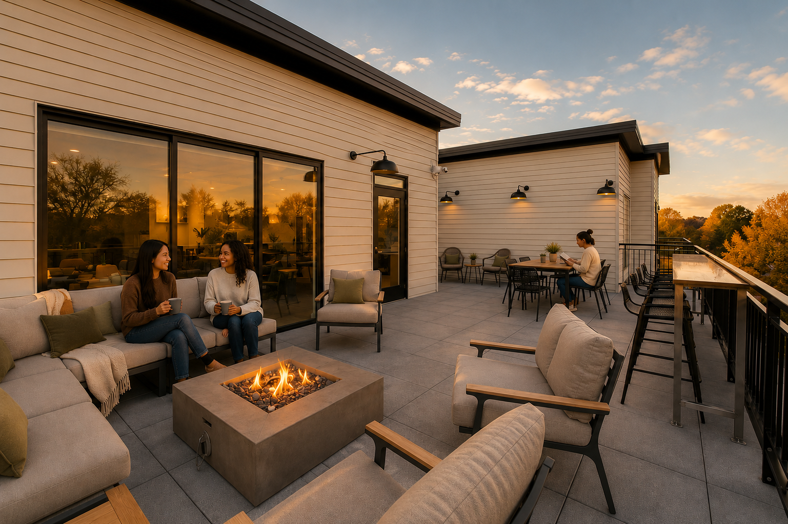 the community balcony with seating and a firepit